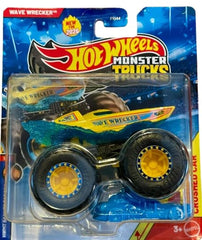 Hot Wheels Wave Wrecker yellow diecast with crushed car, ideal for display and collection