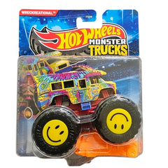 Hot Wheels Monster Trucks with wreckrecreational tie-dye design and smiley wheels for dynamic play