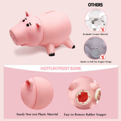 HOTFUN pink piggy bank showing coin and bill capacity for easy saving.