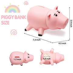 HOTFUN pink piggy bank with rotating rubber stopper for easy access.