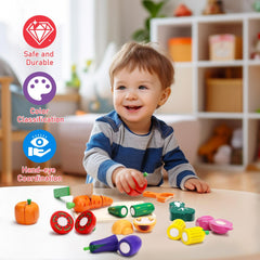 HOTMOODSY child cutting vegetables to build fine motor skills.