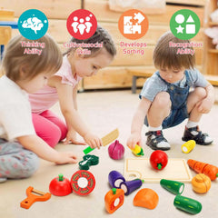 HOTMOODSY portable wooden storage box keeps play food organized.
