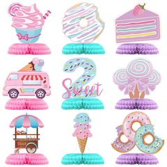 Hotop Donut Two Sweet pink honeycomb centerpiece adds playful table flair.