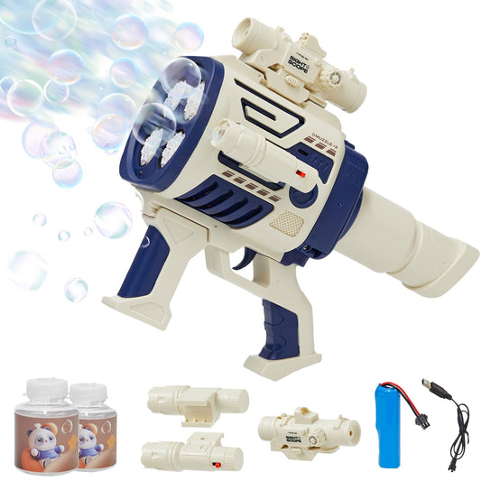 Houscly Bubble Gun blue front view for outdoor play and easy trigger action.