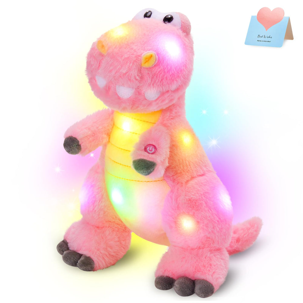 Houwsbaby pink T-Rex plush face glow invites cozy night cuddles.
