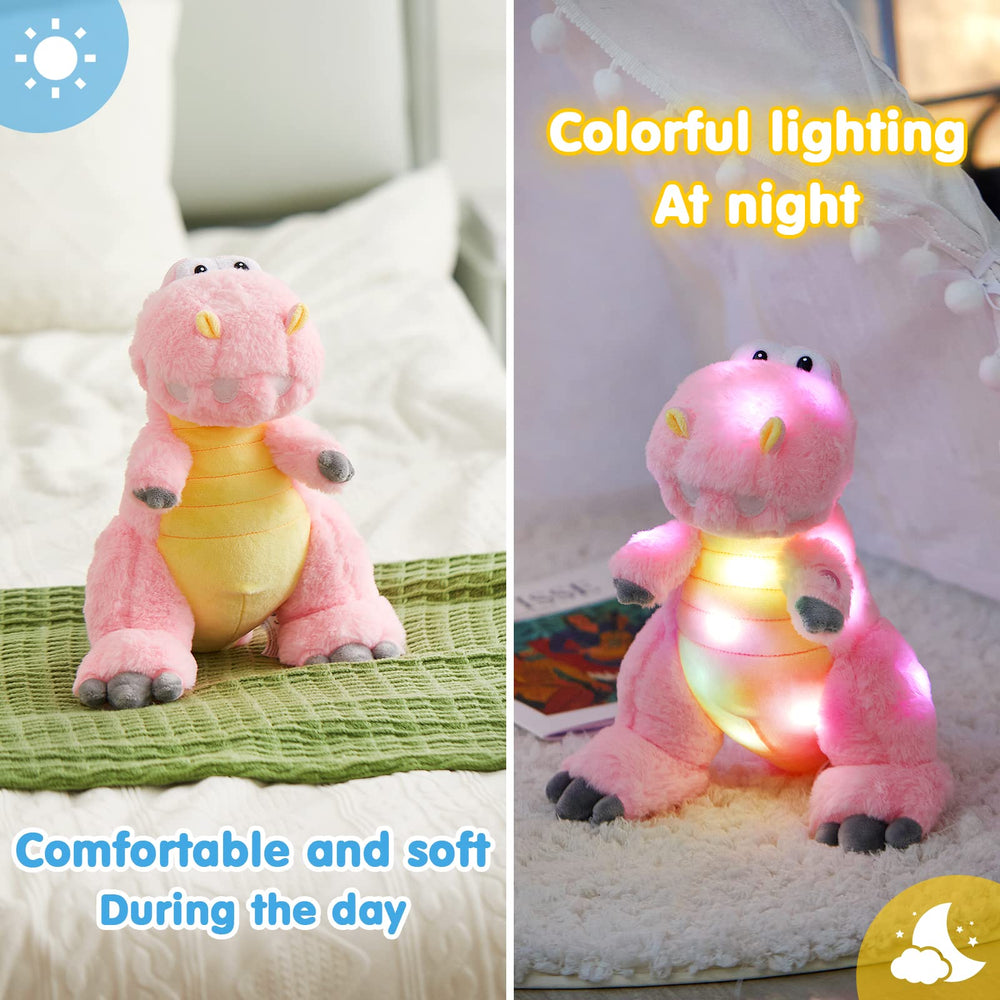 Houwsbaby pink dinosaur serves as a gentle night-light in a kid's room.