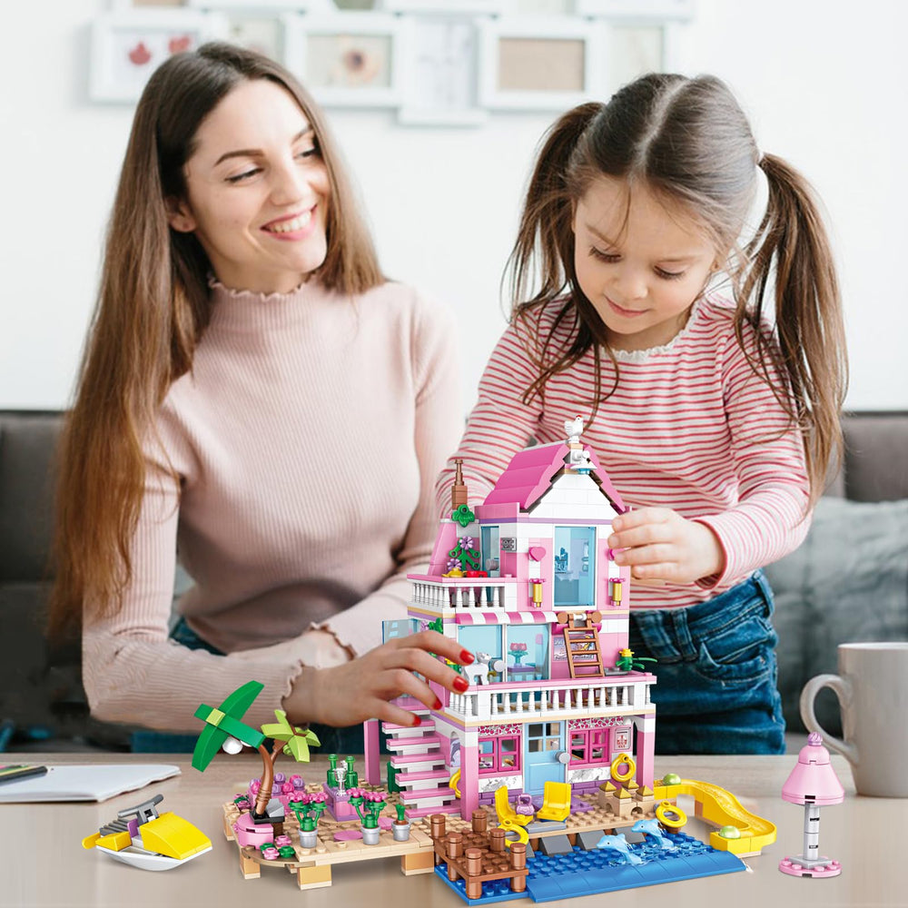 HSANHE pink girls seaside villa artwork with feline accents