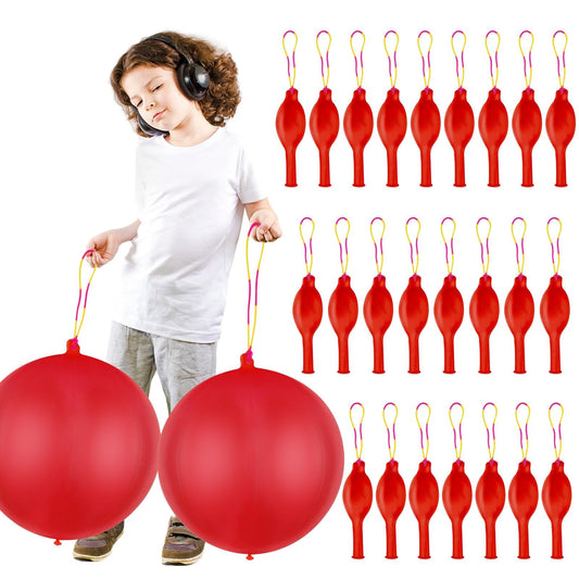 HSLCGF 24 red punch balloons with rubber band handle for safe, shared party fun.