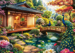HUADADA 1000-piece puzzle of a Japanese garden with peacocks for mindful family time