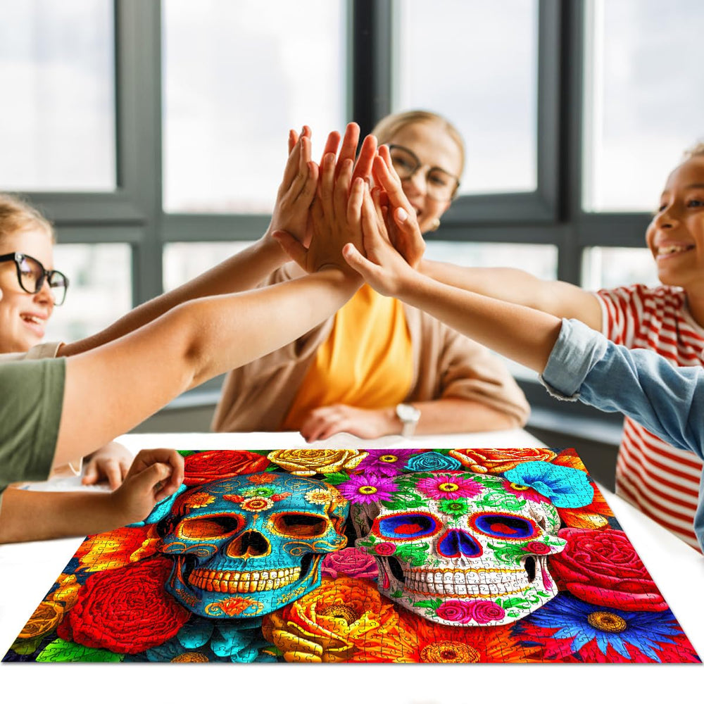 HUADADA 1000-piece artwork closeup showing vibrant floral-skull design for visual inspiration.
