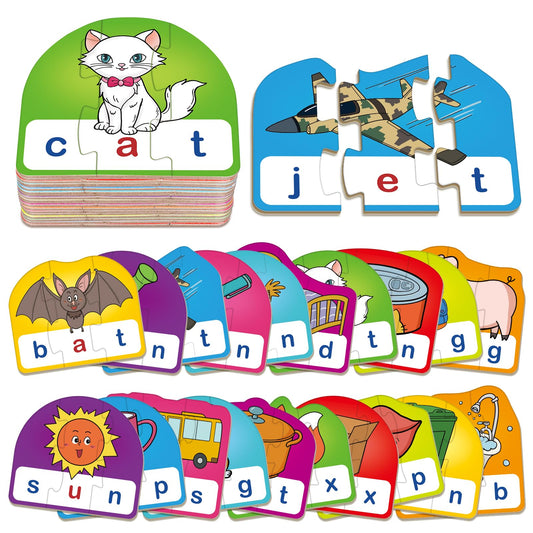 HugHush CVC puzzle cards show 20 three-piece sets for phonics practice.