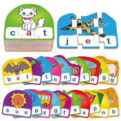 HugHush CVC puzzle cards show 20 three-piece sets for phonics practice.
