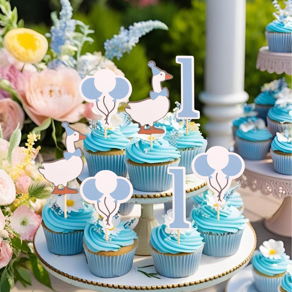 HUHJRUAR One Lucky Duck blue cupcake flag for kid-friendly party decor.