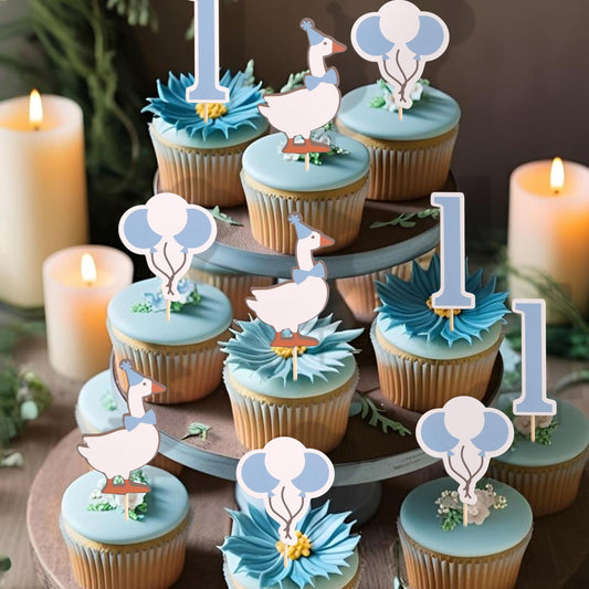HUHJRUAR One Silly Goose blue cupcake topper for first birthday celebrations.