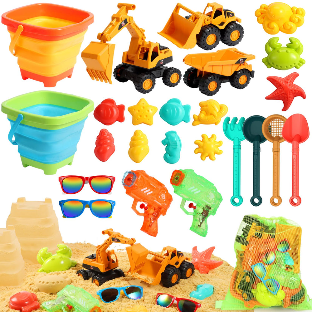 HUITEM beach toys set with dump trucks for creative sand play at the shore