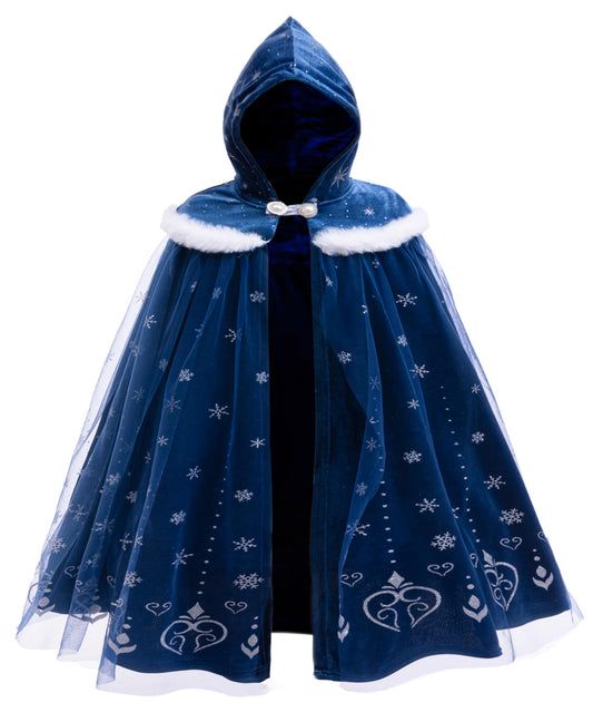 Hulaha girls princess velvet cape blue hooded front view for cozy warmth during play
