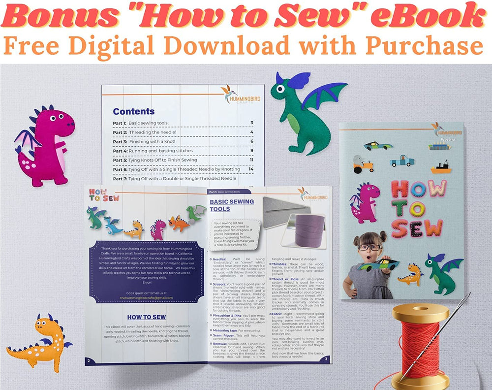 Ages 8-12 enjoy hands-on sewing with Hummingbird Crafts dragons kit
