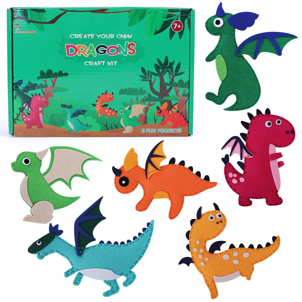 Hummingbird Crafts Dragons Sewing Kit packaging highlights kid-friendly, screen-free fun