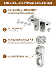 Close-up of HUPBIPY aluminum alloy swing hangers showing anti-rust coating.