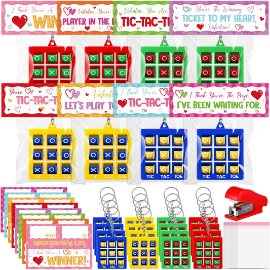 Huquary 48-set valentines gifts for kids classroom cards and tic tac toe keychains for easy exchanges