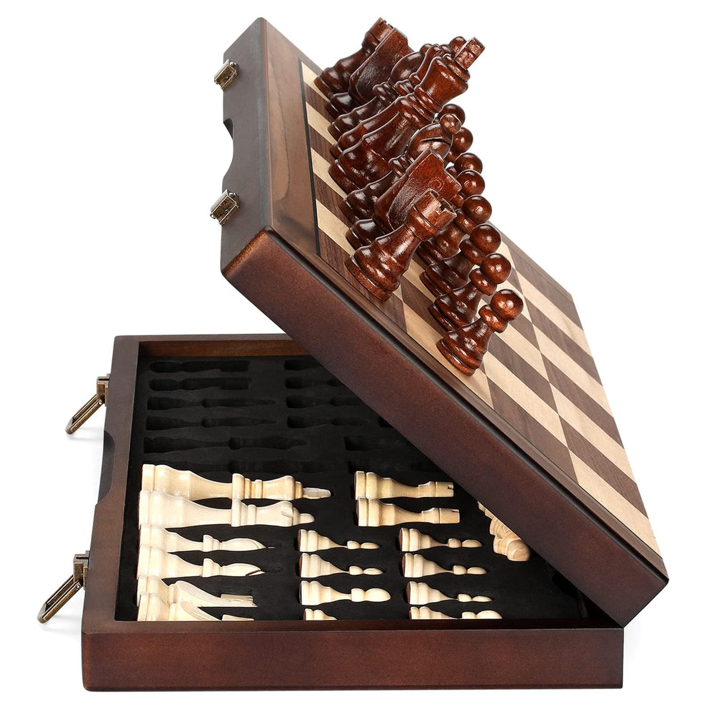 Hurdaos magnetic wooden chess board folding for travel-ready play.