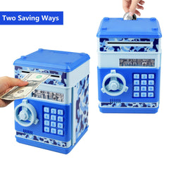 HUSAN piggy bank camo blue bill slot demonstrates automatic money intake