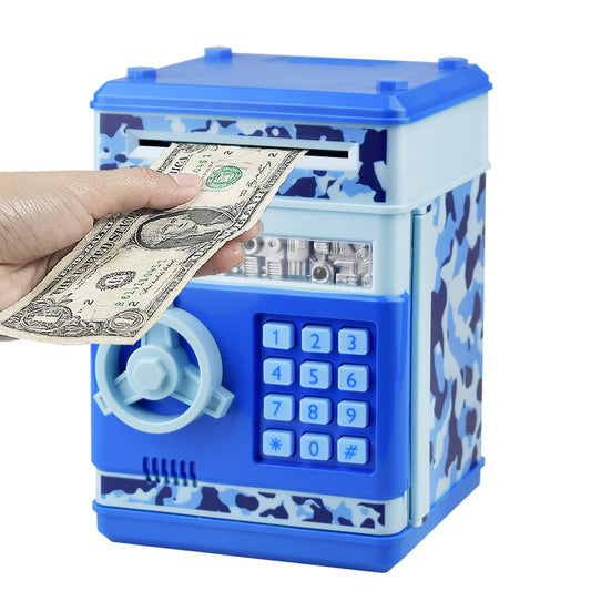 HUSAN piggy bank camo blue front view with password protection for kid savings