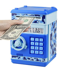 HUSAN piggy bank camo blue front view with password protection for kid savings