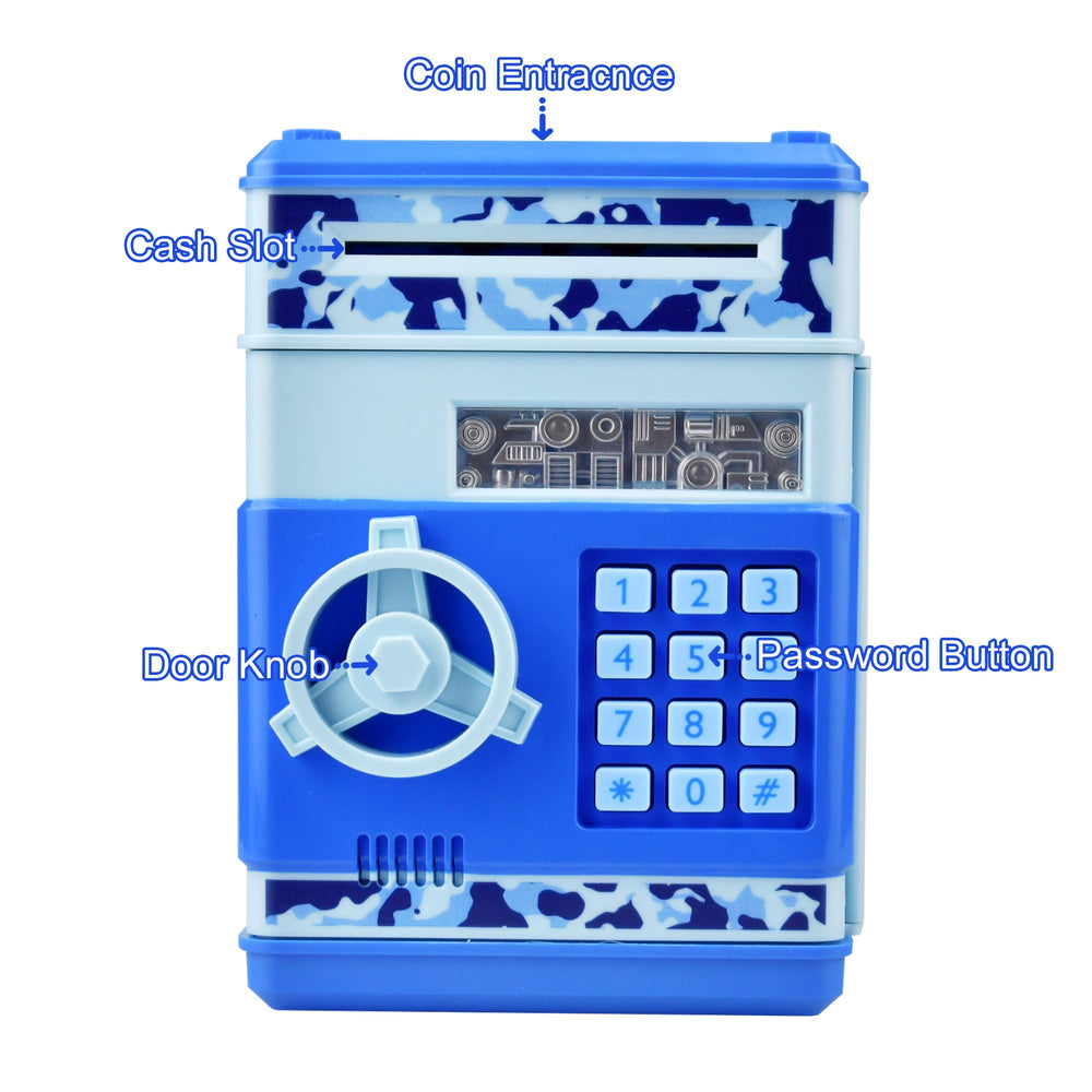 HUSAN piggy bank camo blue side view highlights durable ABS construction