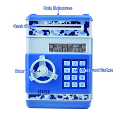 HUSAN piggy bank camo blue side view highlights durable ABS construction