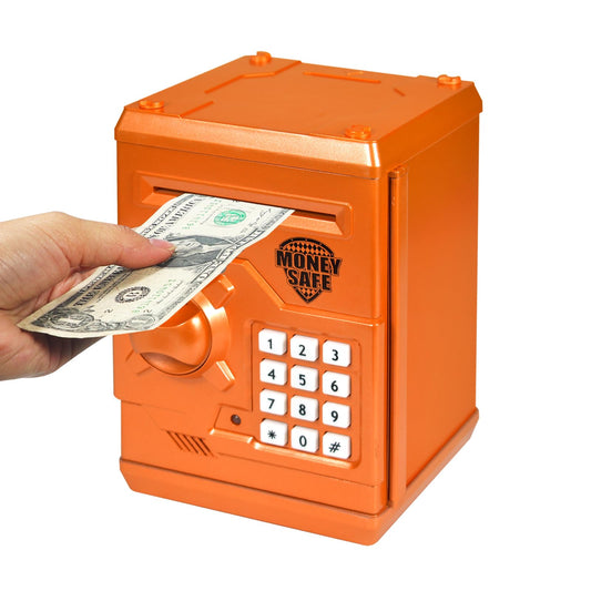 HUSAN piggy bank orange body with password lock for secure savings.