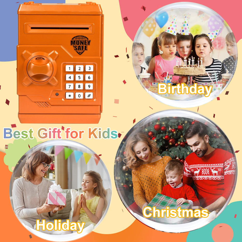 HUSAN piggy bank orange in use with kids saving coins and bills.