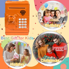 HUSAN piggy bank orange in use with kids saving coins and bills.