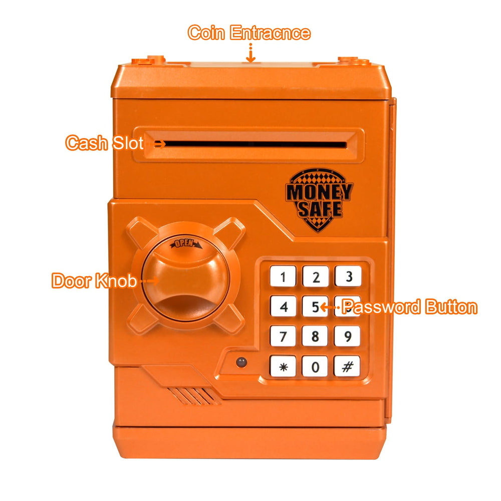 HUSAN piggy bank orange keypad close-up showing four digit code for security.