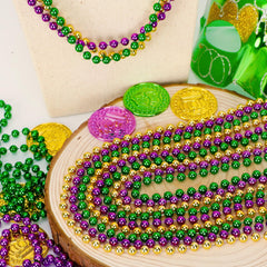 People wearing Huskein Mardi Gras beads during a parade