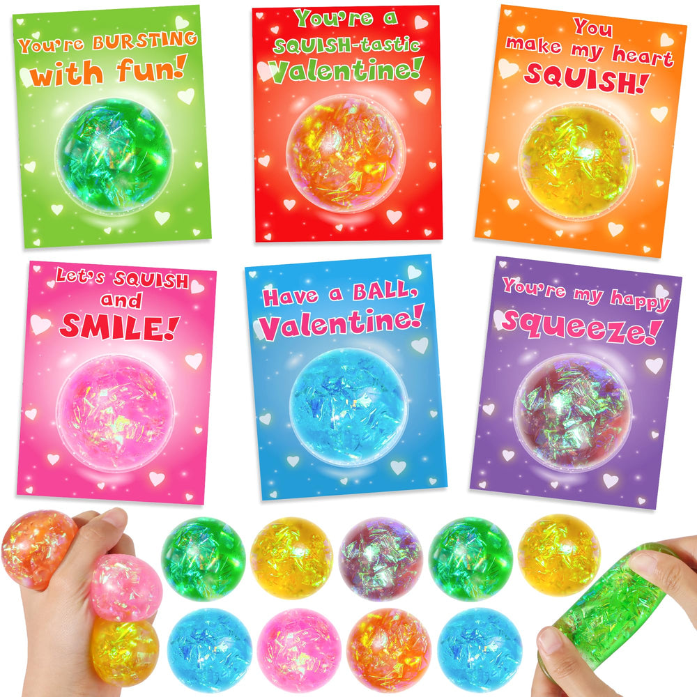 Huyamap glitter stress balls for classroom Valentine exchanges and sensory play.