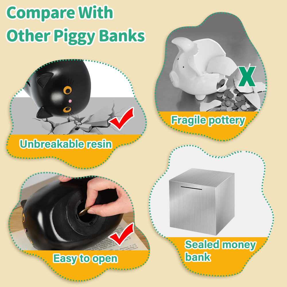 H&W Black Cat Piggy Bank bottom withdrawal port for simple money retrieval when full.