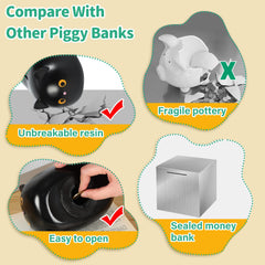 H&W Black Cat Piggy Bank bottom withdrawal port for simple money retrieval when full.