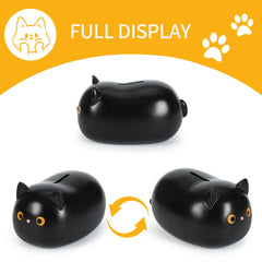 H&W Black Cat Piggy Bank side view highlights flexible, unbreakable plastic for lasting use.