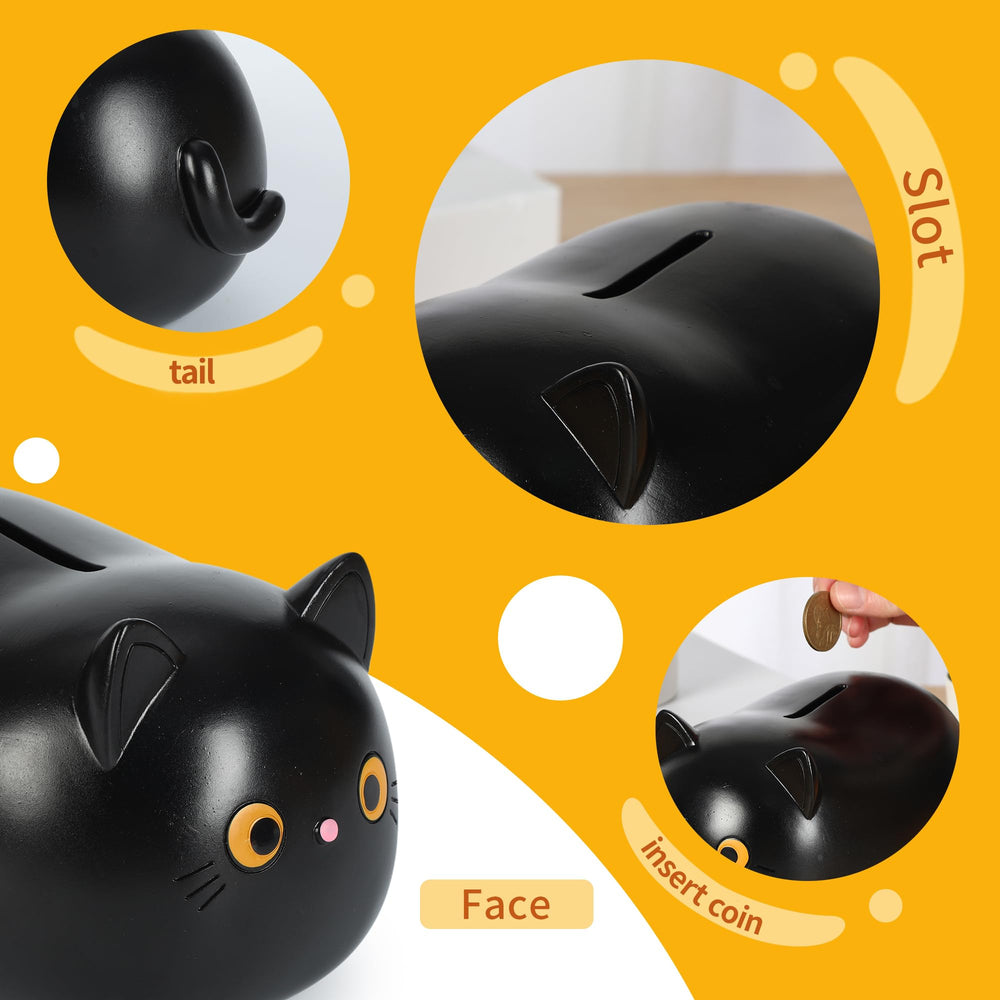 H&W Black Cat Piggy Bank top slot for easy coin insertion during daily savings.