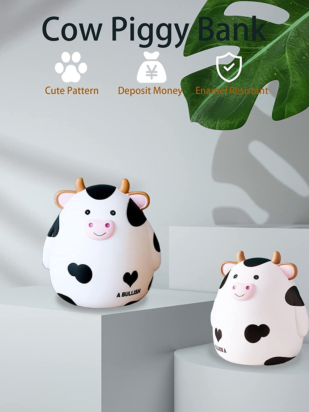 HW Cow Piggy Bank dimensions; compact size for shelves and desks.