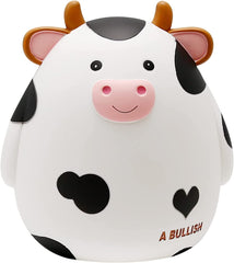 HW Cow Piggy Bank white front view; durable and kid-friendly for daily savings.