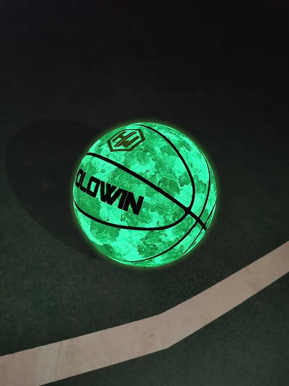 HW HOLOWIN official-size basketball appears holographic in photos with camera flash.