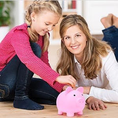 H&W Mini Piggy Bank pink learning tool helps kids save early