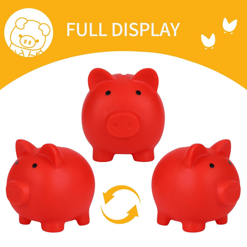 H&W mini piggy bank red side view emphasizing durable unbreakable plastic material