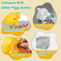 H&W Mini Piggy Bank yellow close-up shows durable PVC vinyl construction