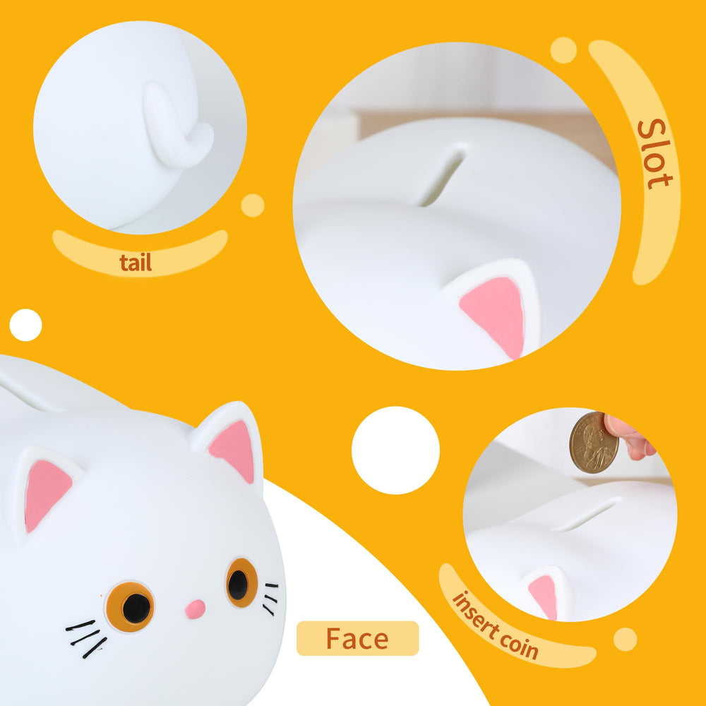 H&W White Cat Piggy Bank bottom withdrawal port for coins
