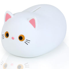 H&W White Cat Piggy Bank front view, playful savings companion for kids