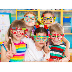 Kids wear colorful Hxezoc bricks glasses during play and party games