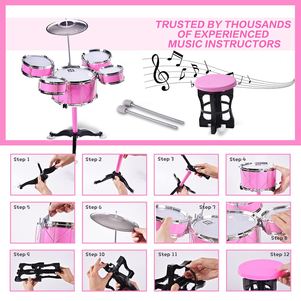 HXIA kids drum set pink cymbal for pretend jam sessions.